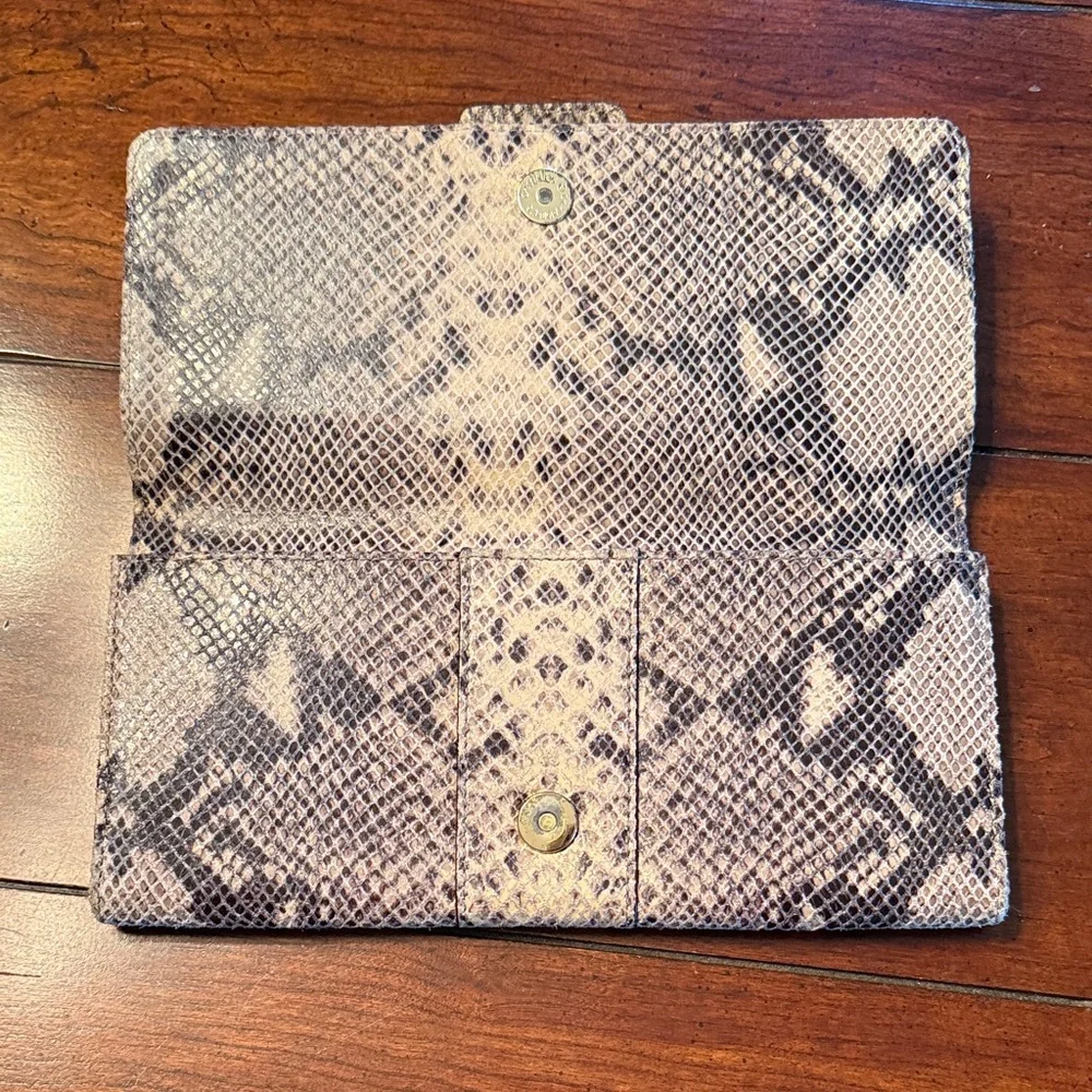 Michael Kors Snakeskin-Print Clutch in Beige and Black with Gold Buckle